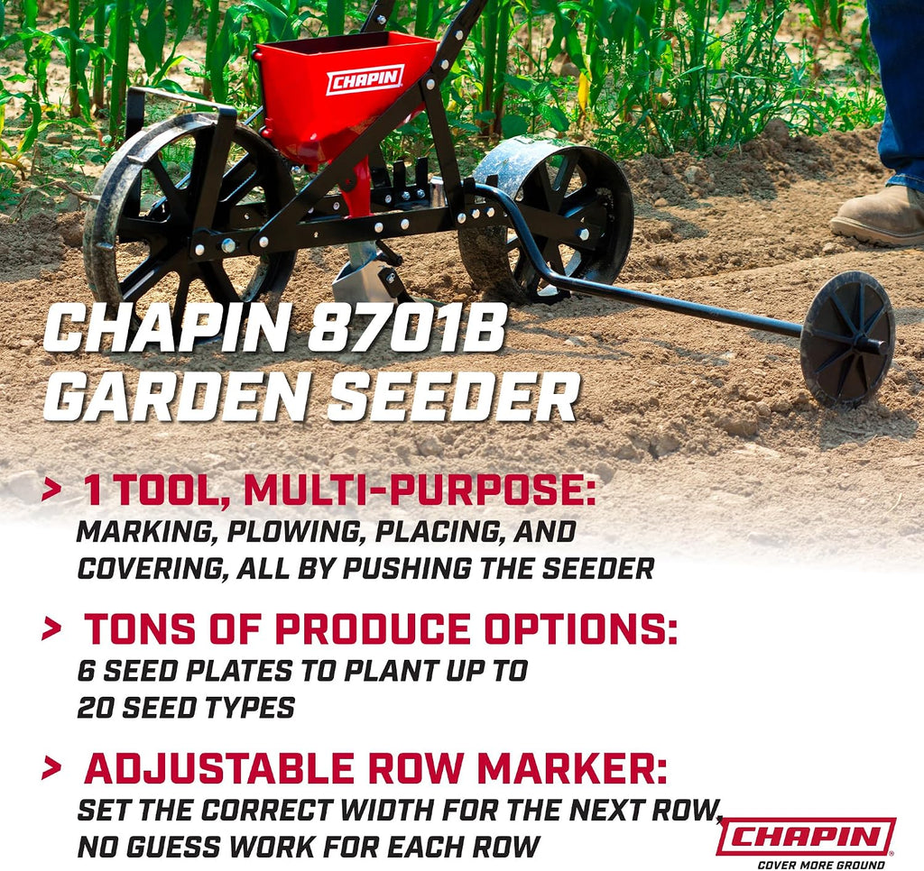 Chapin 8701B Garden Push Seeder Planter with 6 Seed Plates for up to 20 Varieties of Seeds, Zinc Plow Blade, Row Marker, Powder Coated Steel Frame, Red/Black