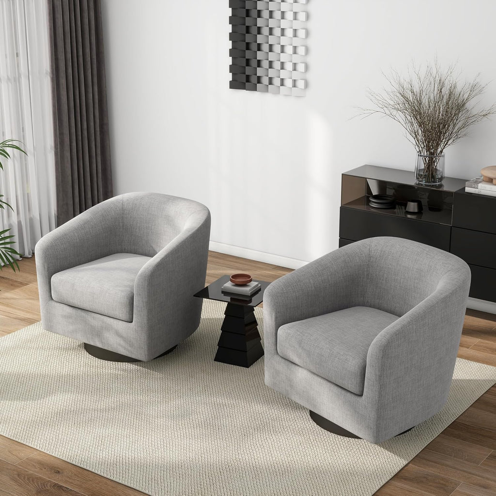 Pia Ricco Swivel Barrel Chairs Set of 2, 360° Swivel Round Accent Chair, Comfy Upholstered Fabric Single Sofa Club Armchair for Living Room/Reading Room/Bedroom, Light Grey