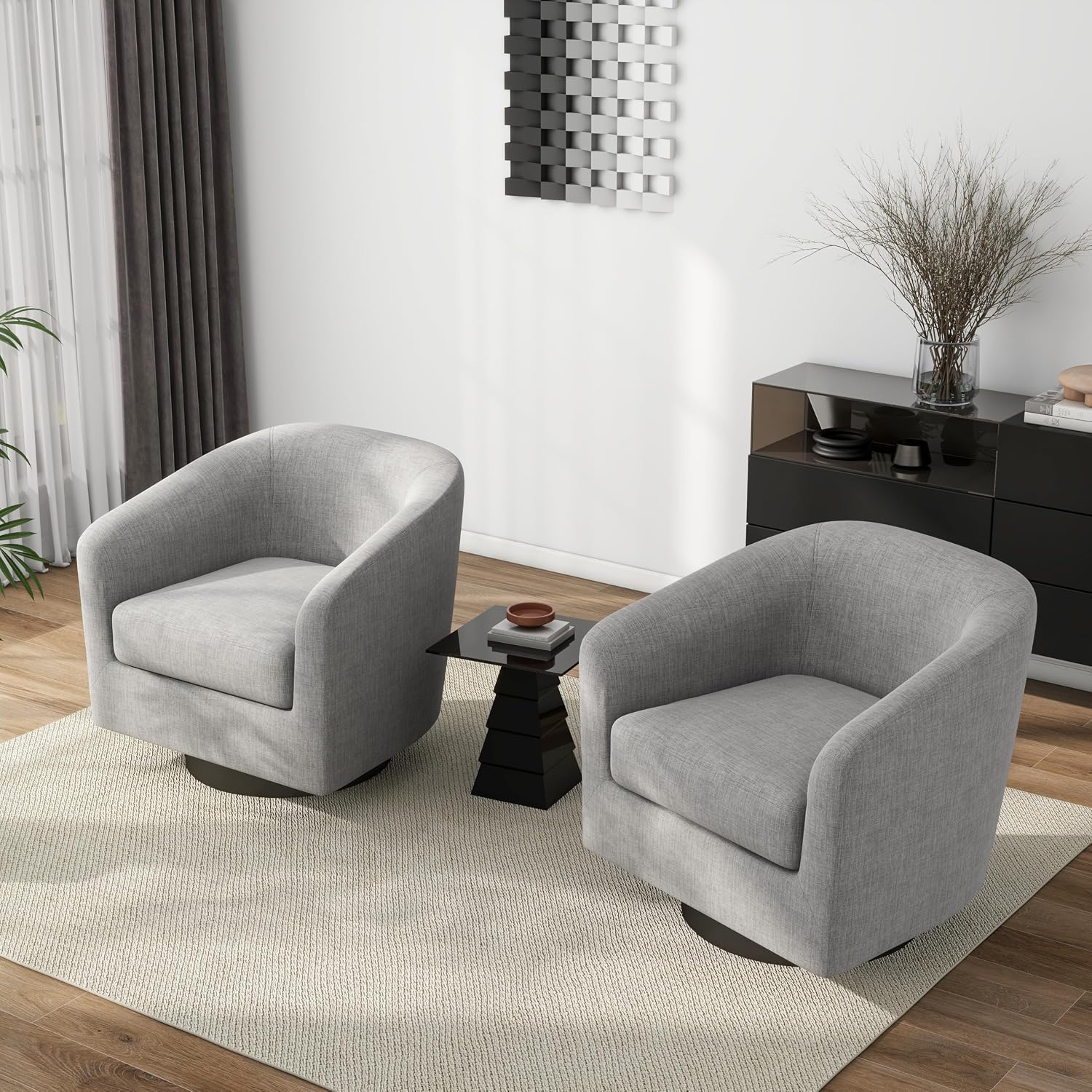 Pia Ricco Swivel Barrel Chairs Set of 2, 360° Swivel Round Accent Chair, Comfy Upholstered Fabric Single Sofa Club Armchair for Living Room/Reading Room/Bedroom, Light Grey