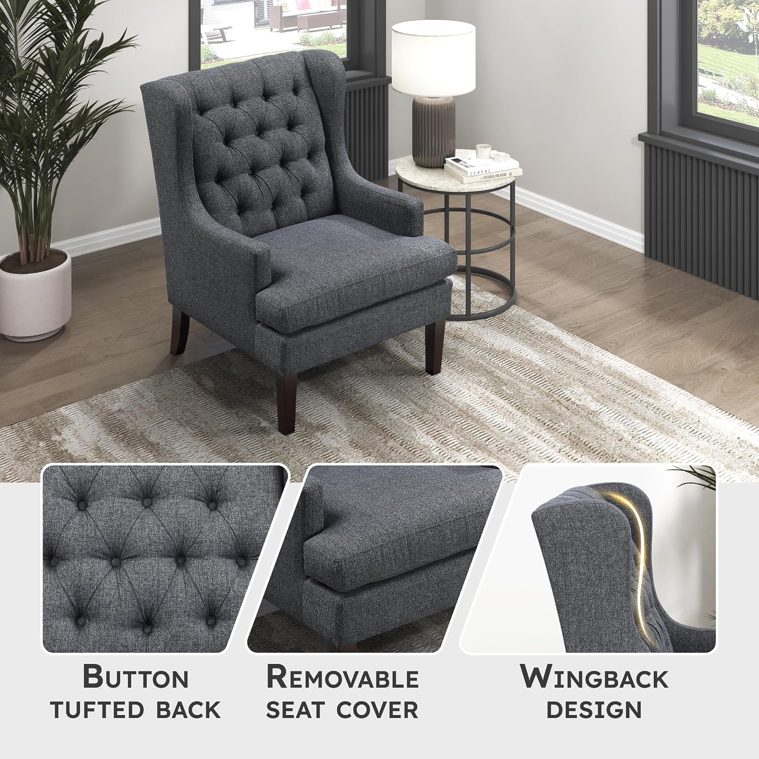 Lexicon Living Room Accent Chair, Textured Fabric Upholstered Reading Chair, Button-Tufted, High Wingback for Living Room/Bedroom/Office, Charcoal