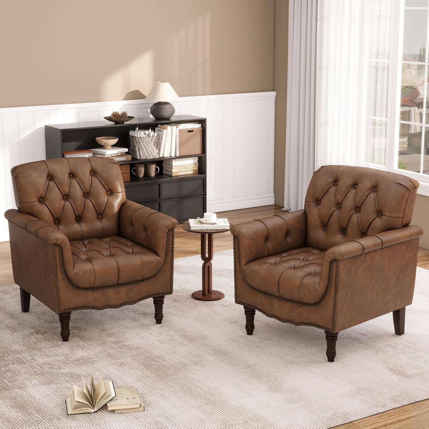 Lumibee Faux Leather Accent Chairs Set of 4, Upholstered Armchairs with Nailhead Trims & Wood Legs for Living Room, Bedroom, Contemporary Comfy Club Chairs for Office-Brown
