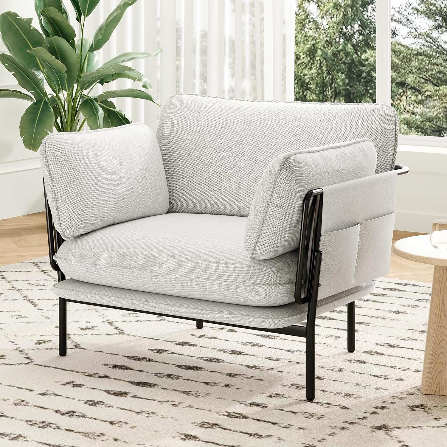 Modern Accent Chairs Set of 2, Oversized Living Room Chairs, Reading Chair with Solid Metal Legs, Fabric Armchair with Side Pockets and 2 Pillows, Accent Chairs for Bedroom, Nursery, White