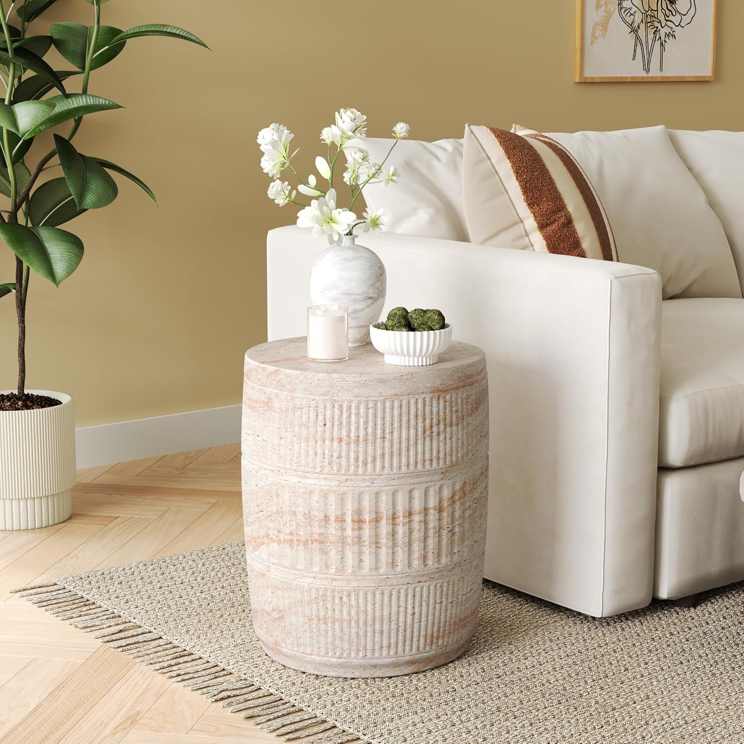 Christopher Knight Home Jaym 18.50' H Indoor Outdoor Accent Side Table, Patio Decorative End Table, Cylinder Lightweight Concrete Garden Stool for Patio Balcony & Garden Decor, Travertine