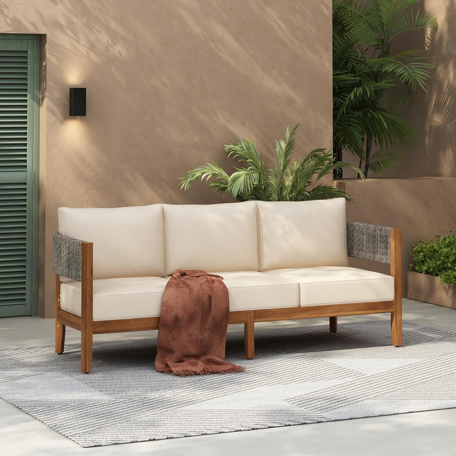 Christopher Knight Home Rekker Patio Acacia Wood 3-Seater Sofa, Patio Furniture Set 3-Seater Outdoor Sofa, Tub Design Outdoor Couch with Woven Rope and Removable Cushion,Comfy Reading Chair,Teak+Beige