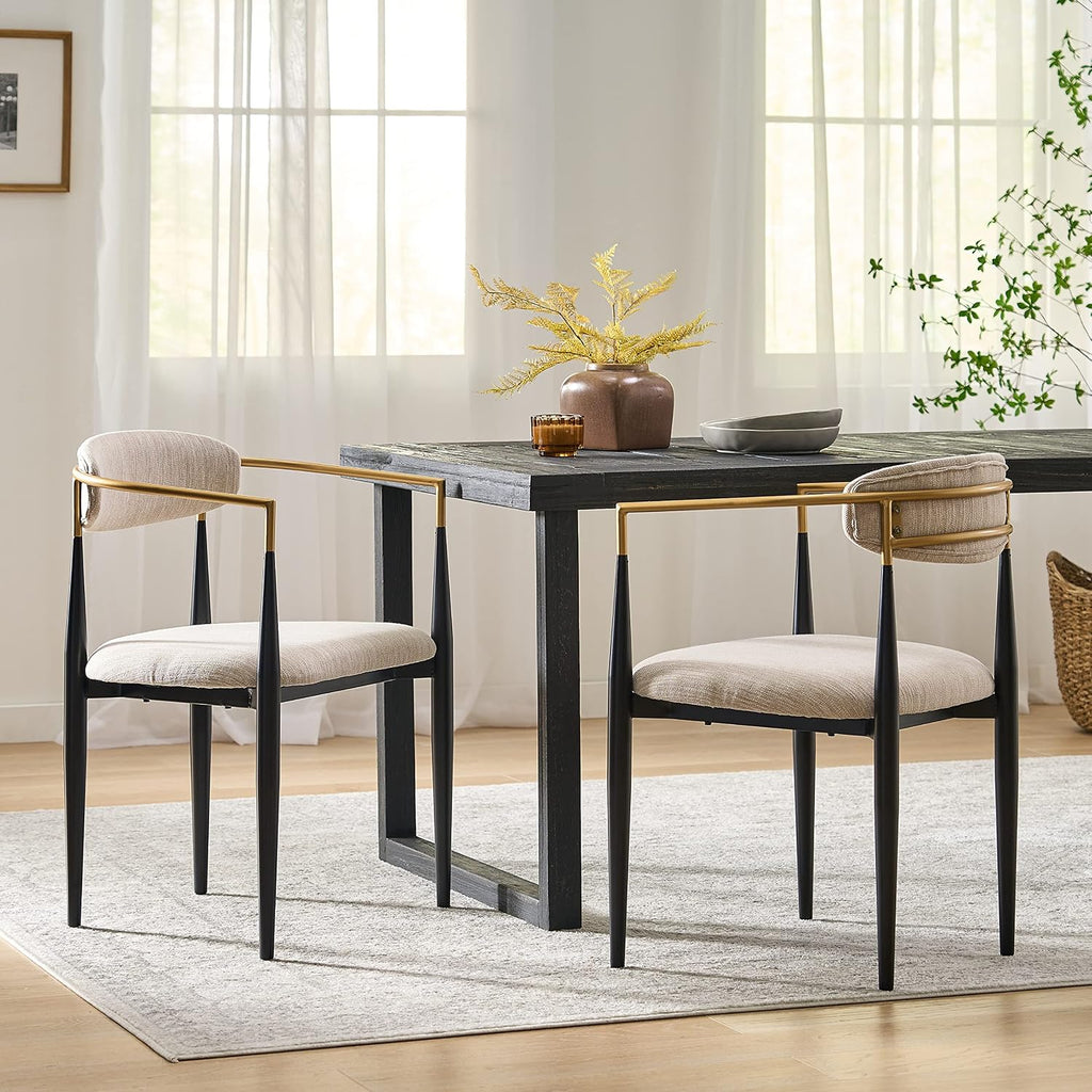 Christopher Knight Home Gertru Dining Chairs Set of 2, Stylish Upholstered Dining Room Chairs, Fabric Kitchen Chair with Gold Black Accent Iron Frame, Elegant Toothpick Design, Beige