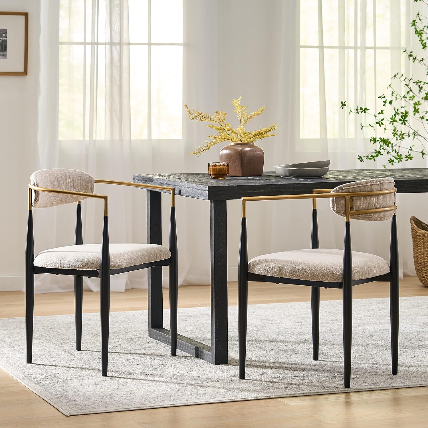 Christopher Knight Home Gertru Dining Chairs Set of 2, Stylish Upholstered Dining Room Chairs, Fabric Kitchen Chair with Gold Black Accent Iron Frame, Elegant Toothpick Design, Beige