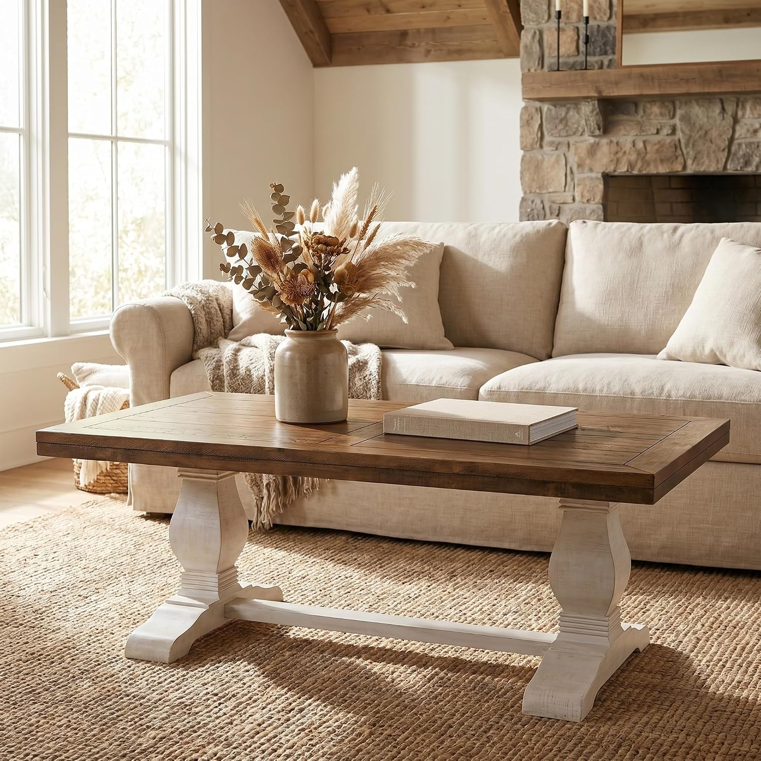 Martin Svensson Home Napa Solid Wood Pedestal Coffee Table, White Stain and Reclaimed Natural