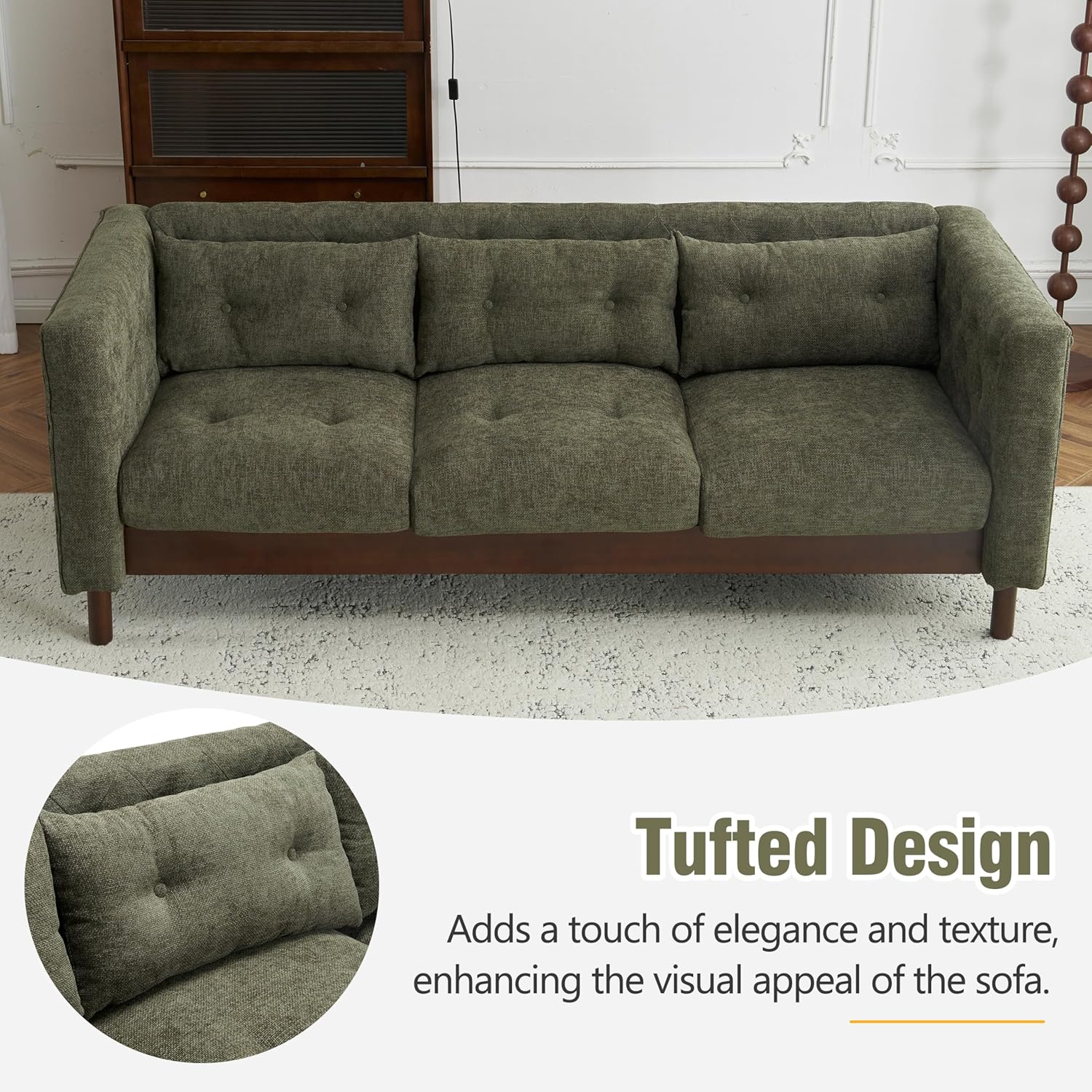 Christopher Knight Home Marloo 3 Seater Sofa Couch, Upholstered Couch, Linen-Like Tufted Back Sofa with Arm Rest, Rubberwood Legs, 78' Spacious Seating for Living Room Home Rest, Dark Green