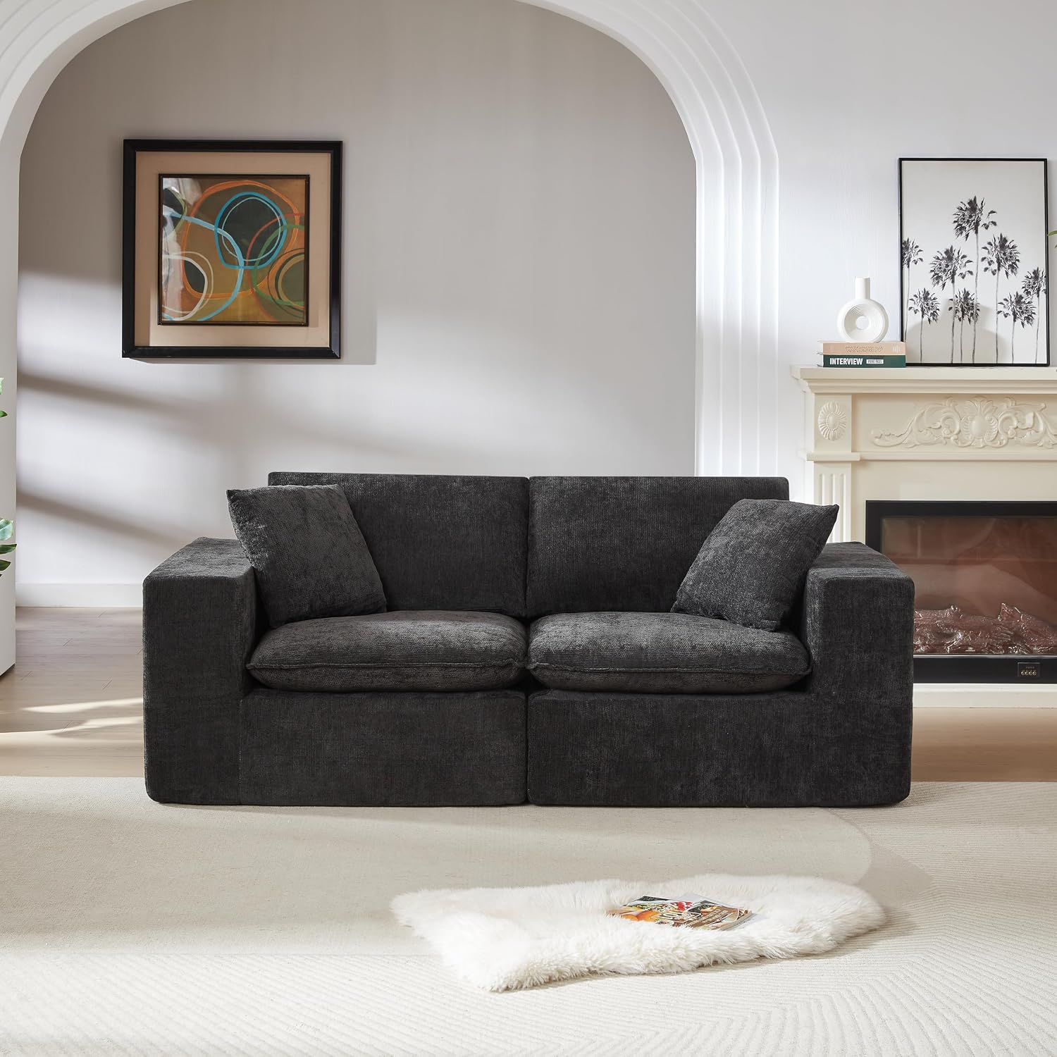 78-Inch Boneless Love Seat Couches in a Box, Modern 2 Seat Floor Modular Foam Cloud Sofa Chenille Loveseat Couch W/Wide Square Armrests for Home Apartments Bedroom