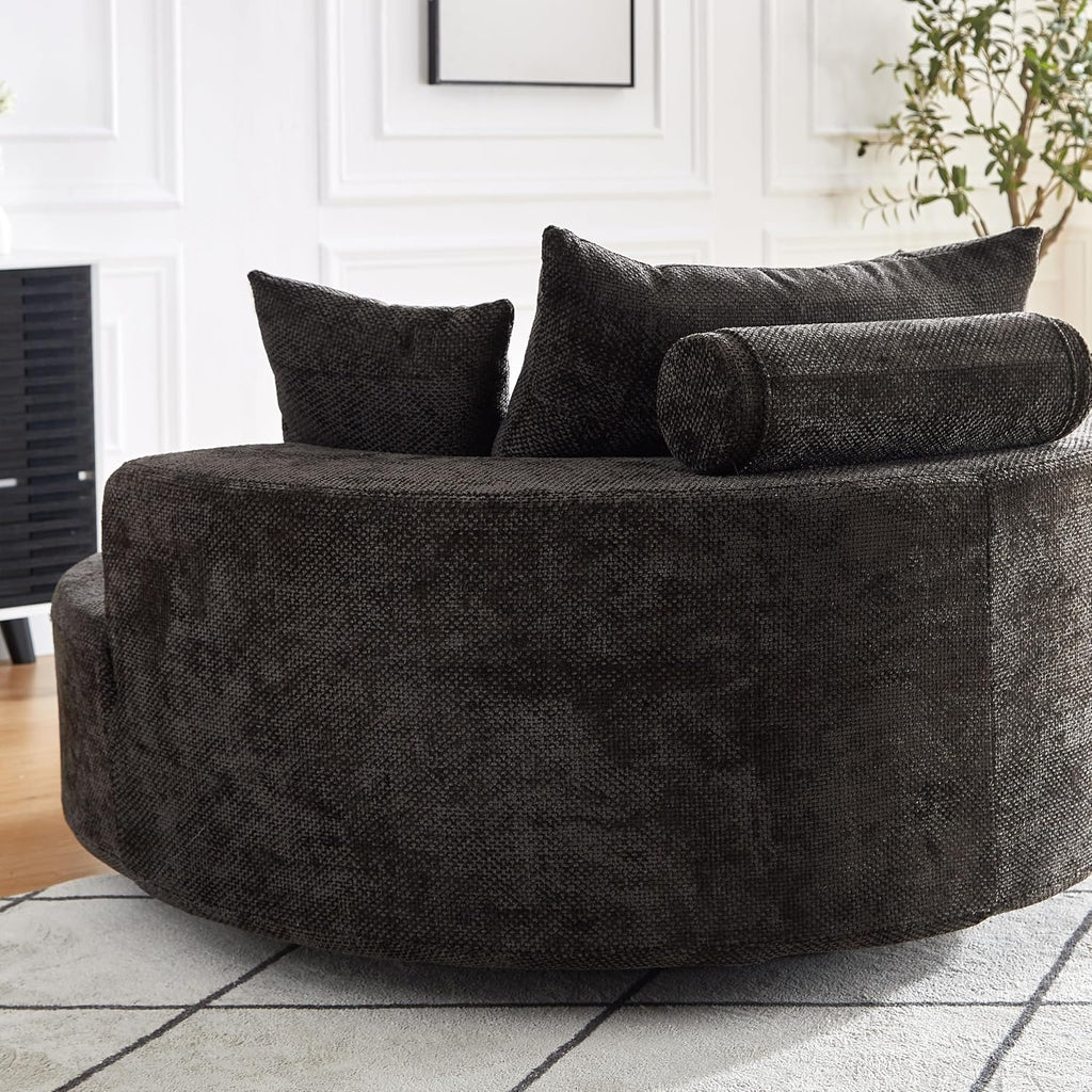 KEIKI 55' Oversized Swivel Accent Chair, Chenille Large Barrel Chairs, Upholstered Round Swivel Chair Single Sofa Armchair, Sleeper Chair for Living Room, Lounge, Black