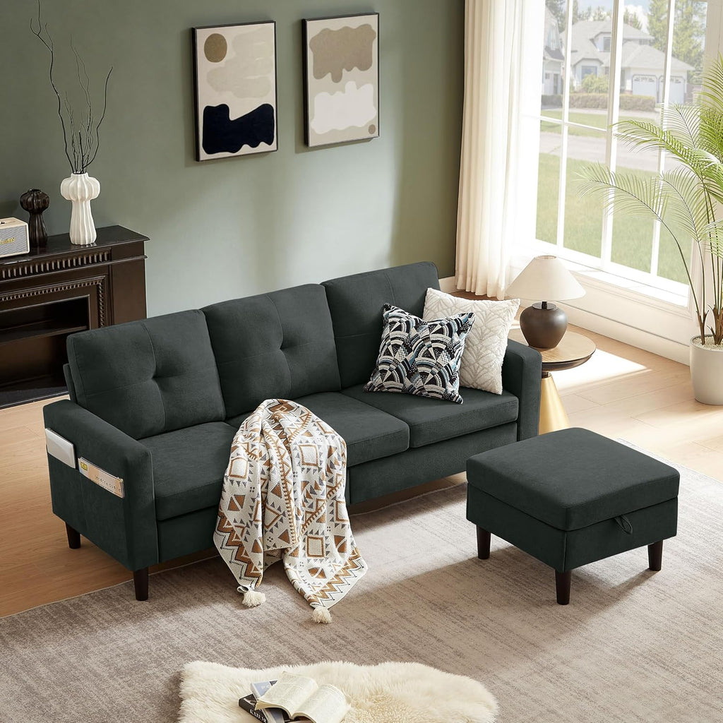 Sectional Sofa Couches for Living Room, L Shaped Couch 3-Seat Convertible Sectional Sofas with Removable Storage Ottoman, Modern Polyester Fabric (Black)