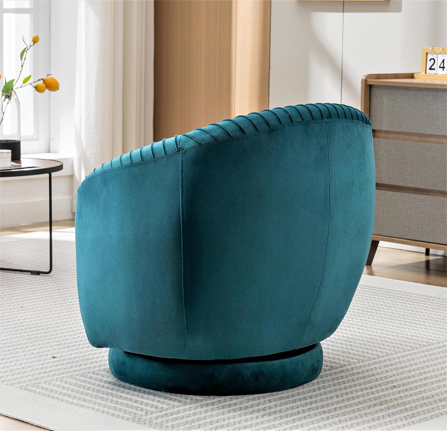 Container Furniture Direct Modern Barrel Swivel Chair with Plush Velvet Upholstery and Smooth 360° Rotation, Round Accent One-Seater Sofa for Living Room, Bedroom, and Office, Greenish Blue