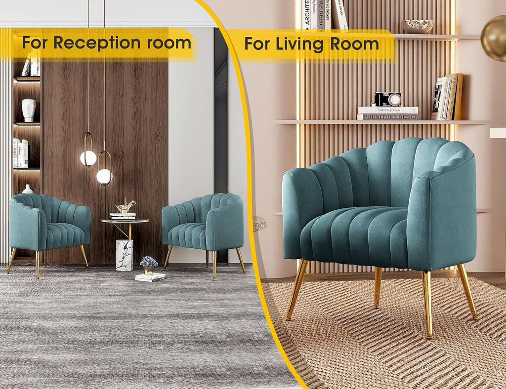 Dewhut Oversized Pumpkin Couch Accent Chair, Modern Comfy Velvet Upholstered Barrel Chairs, Luxury Single Sofa Armchair for Living Room, Waiting Room, Office and Vanity, (Blue)