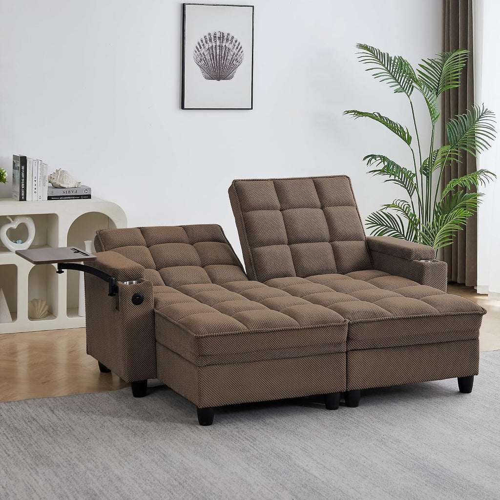Eafurn Double Chaise Lounge Convertible Sleeper Chair Sofabed W/Storage and 6-Position Reclining Backrest, Modern Tufted Recliner Lounge Chaise Couch with Swivel Table & USB for Living Room