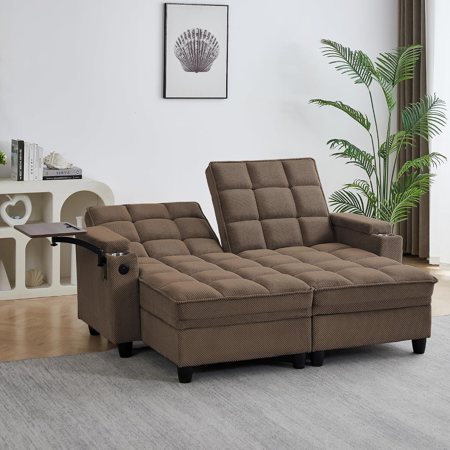 Eafurn Double Chaise Lounge Convertible Sleeper Chair Sofabed W/Storage and 6-Position Reclining Backrest, Modern Tufted Recliner Lounge Chaise Couch with Swivel Table & USB for Living Room