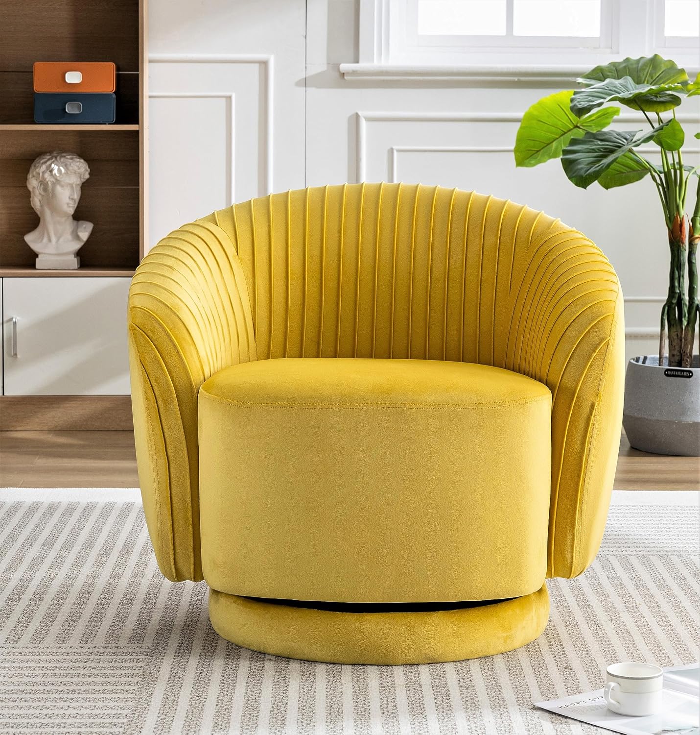 Container Furniture Direct Modern Barrel Swivel Chair with Plush Velvet Upholstery and Smooth 360° Rotation, Round Accent One-Seater Sofa for Living Room, Bedroom, and Office, Yellow
