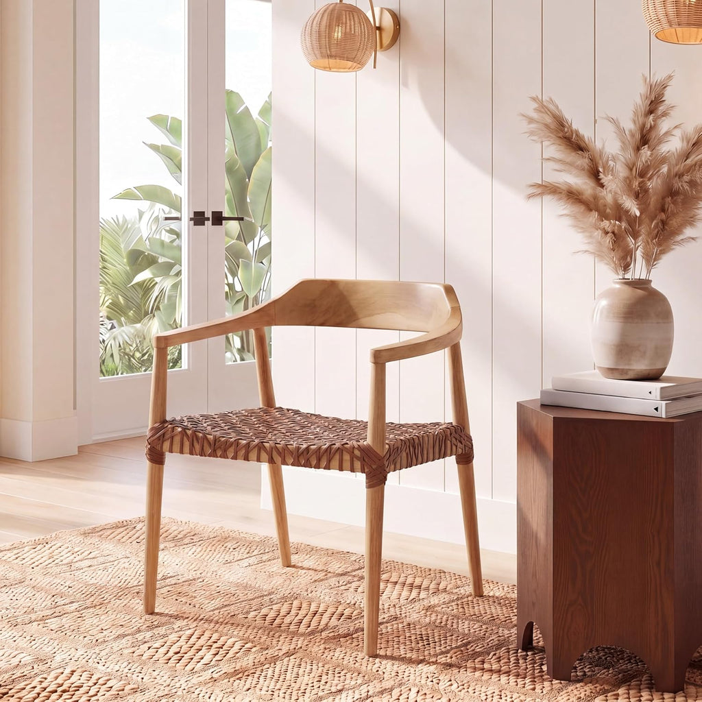 SAFAVIEH Home Collection Munro Natural Teak Wood/Light Honey Leather Woven Accent Chair (Fully Assembled)