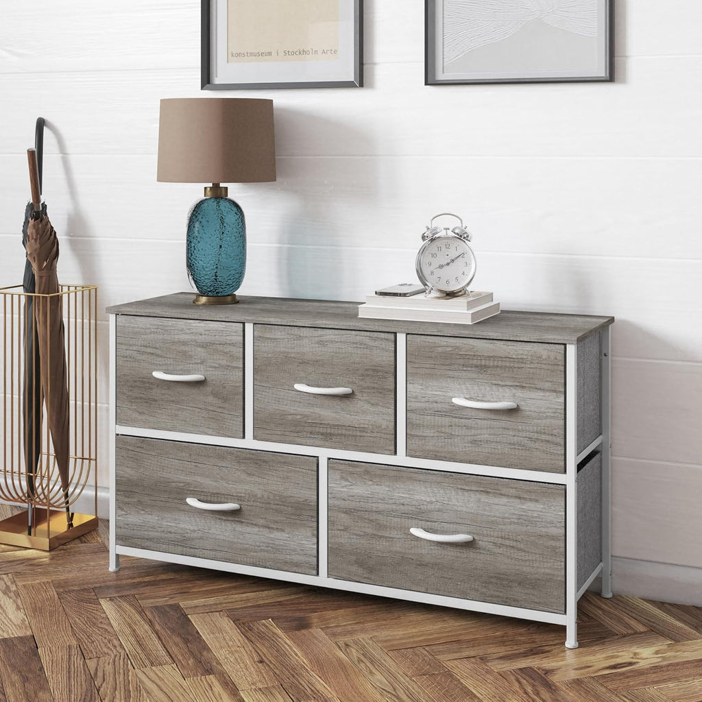 Flash Furniture Harris 5 Drawer Storage Dresser, Cast Iron Frame, Engineered Wood Top and Easy Pull Non-Woven Fabric Drawers with Wooden Handles, White/Light Natural