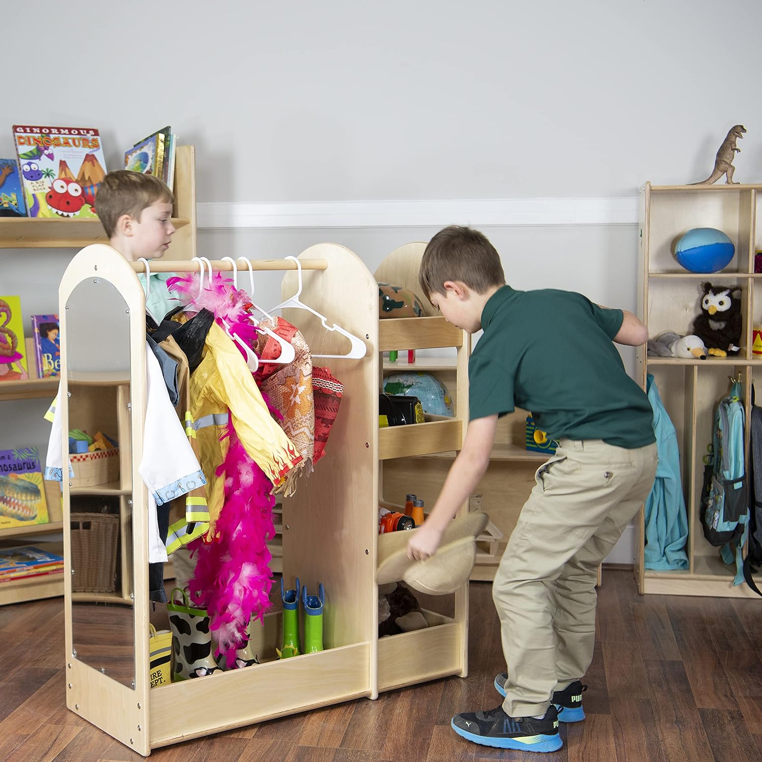 Contender Wooden Kids Fashion Pretend Dress-Up Station, Toddlers Clothing and Shoes Closet, Montessori Kids Room Furniture with Mirror & Side Hooks for Costume Storage