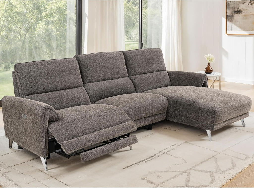 Furniture of America Drex Modern Chenille Sectional Recliner with Chaise and USB Ports, Reclining Sofa, L Shaped Comfy Couches for Living Room, Home Theater, Right Facing, Brown