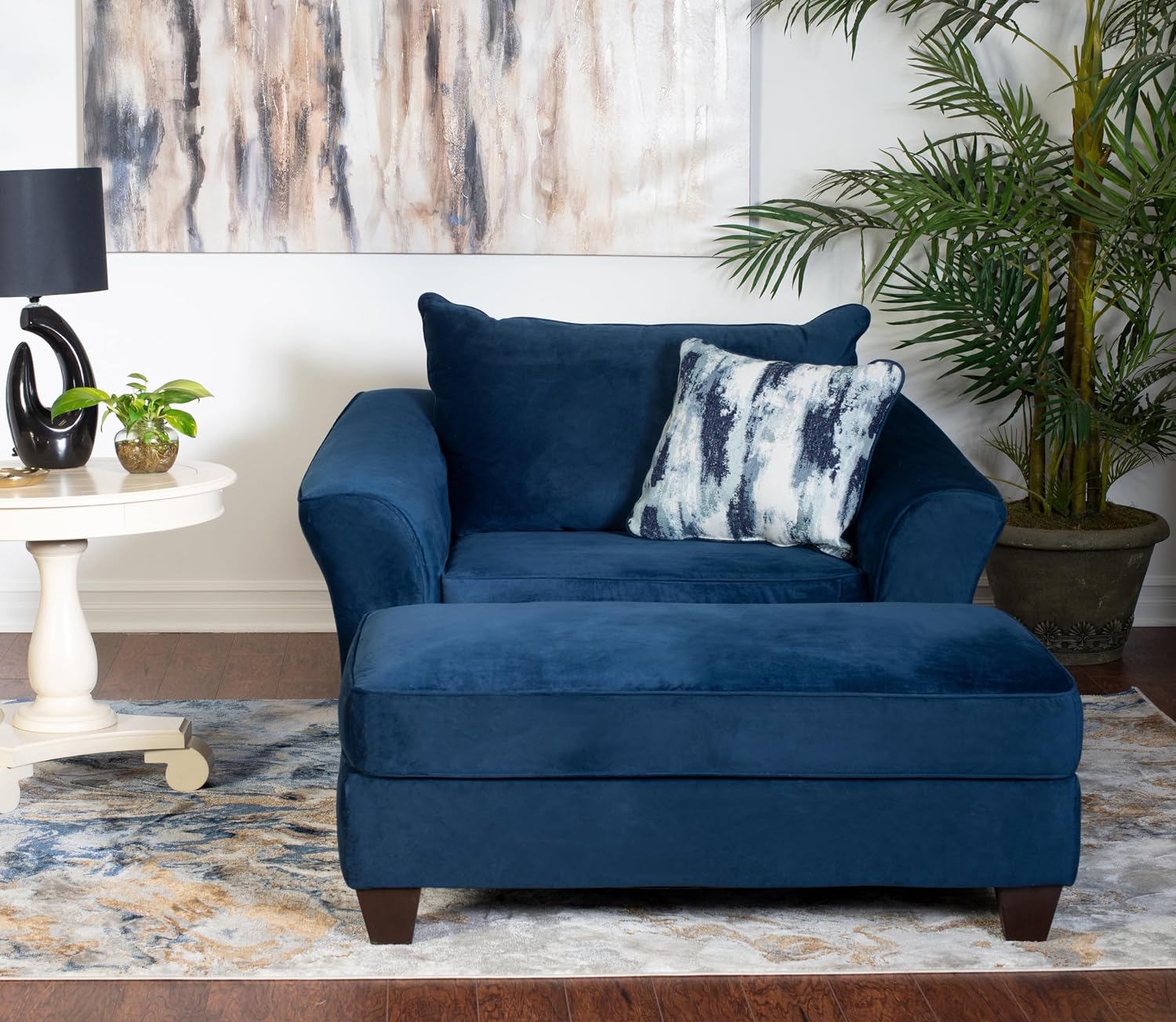 Roundhill Furniture Camero Fabric Pillowback Accent Chair with Ottoman, Navy Blue