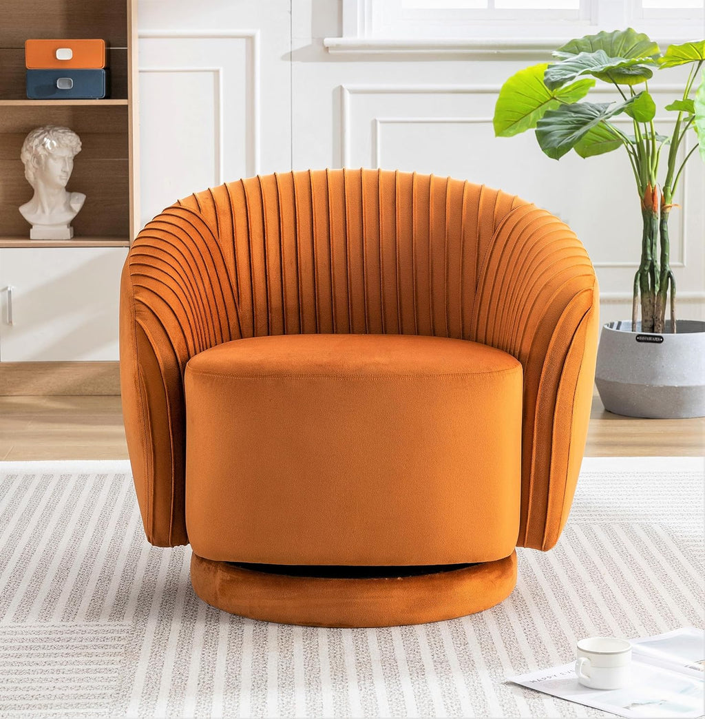 Container Furniture Direct Modern Barrel Swivel Chair with Plush Velvet Upholstery and Smooth 360° Rotation, Round Accent One-Seater Sofa for Living Room, Bedroom, and Office, Red Orange