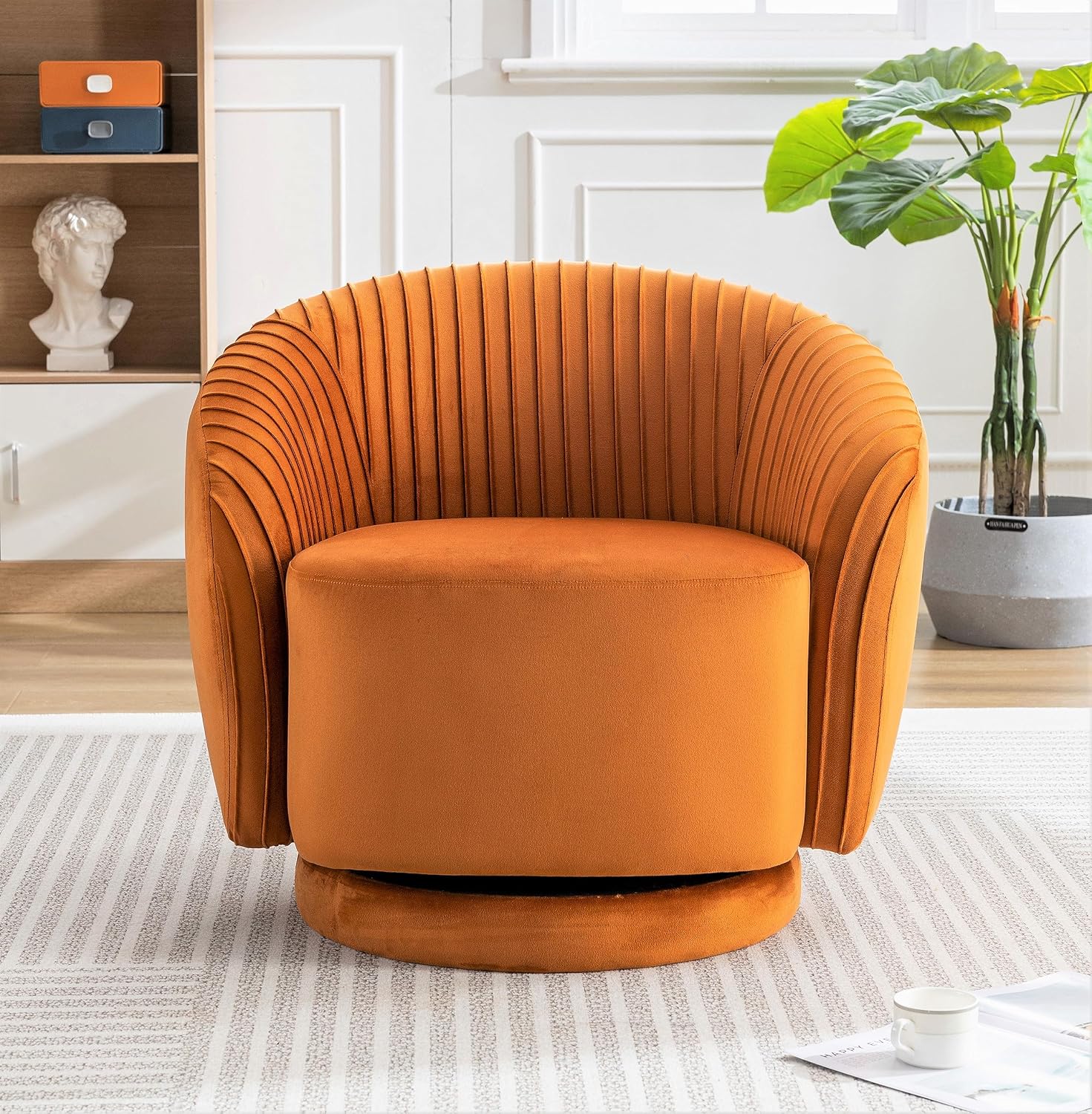 Container Furniture Direct Modern Barrel Swivel Chair with Plush Velvet Upholstery and Smooth 360° Rotation, Round Accent One-Seater Sofa for Living Room, Bedroom, and Office, Red Orange