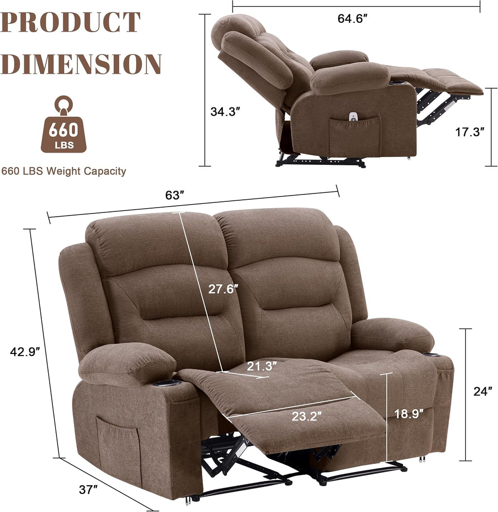 Weture Oversized Recliner Loveseat with Heat and Massage, Wall-Hugger Reclining Sofa with Cup Holders and USB Port, Big Large 2-Seater Double RV Recliner Loveseat for Living Room (Fabric, Brown)
