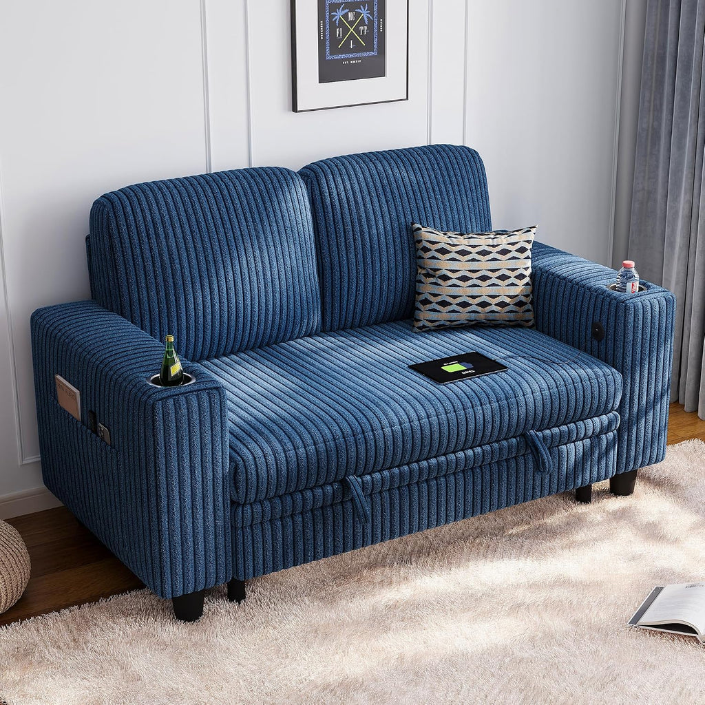 LINSY HOME Loveseat Sofa with Storage, Plush Corduroy Love Seat Couch Sectional Couches for Small Space Living Room Apartment Bedroom (Blue)