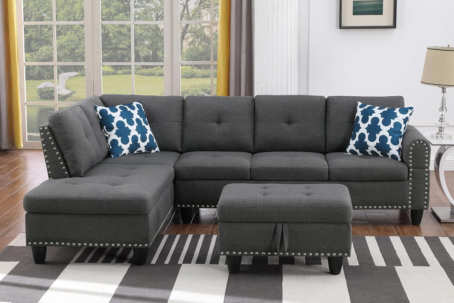 Favfurish L Shape Modular Sectional Sofa with Cup Holders and Storage Ottoman,5-Seater Tufting Upholstered Corner Couch for Living Room,Apartment,Home Furniture Sets,Dark Gray Left Chaise,98 Inch