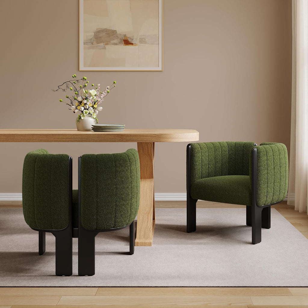 Christopher Knight Home Yusi Boucle Upholstered Dining Chairs Set of 2, Modern Wooden Dining Armchair, Curved Backrest Kitchen Side Chair, Living Room Accent Chair for Extra Seat, Black + Olive Green