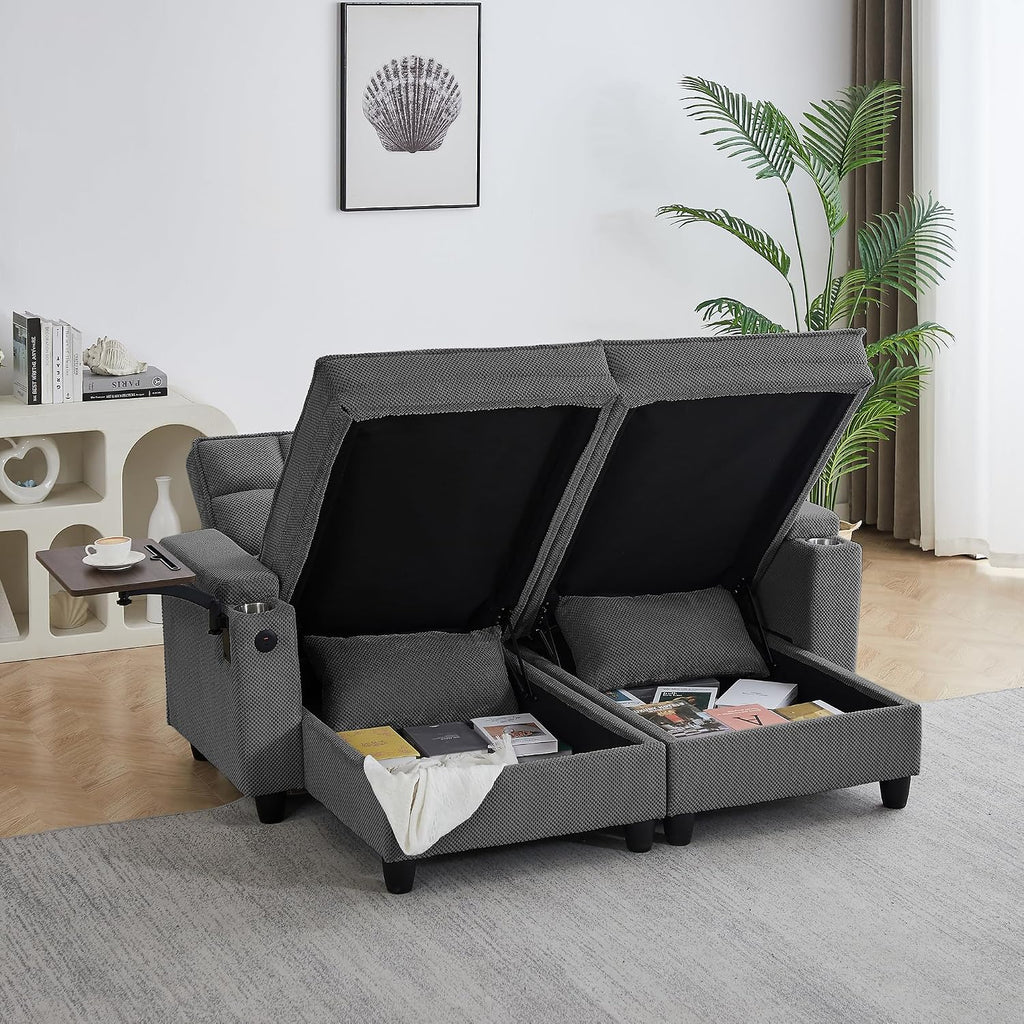 Eafurn Double Chaise Lounge Convertible Sleeper Chair Sofabed W/Storage and 6-Position Reclining Backrest, Modern Tufted Recliner Lounge Chaise Couch with Swivel Table & USB for Living Room