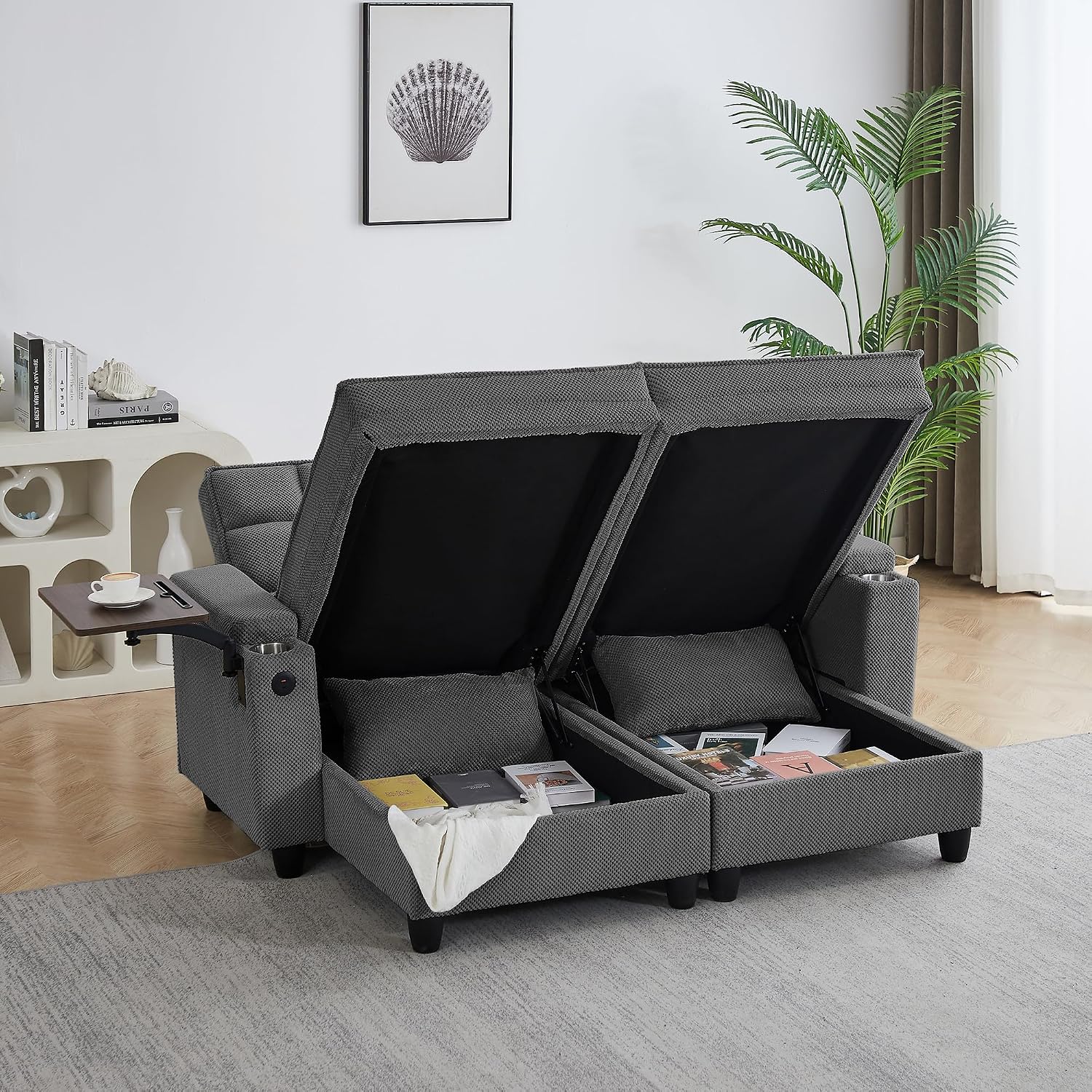 Eafurn Double Chaise Lounge Convertible Sleeper Chair Sofabed W/Storage and 6-Position Reclining Backrest, Modern Tufted Recliner Lounge Chaise Couch with Swivel Table & USB for Living Room