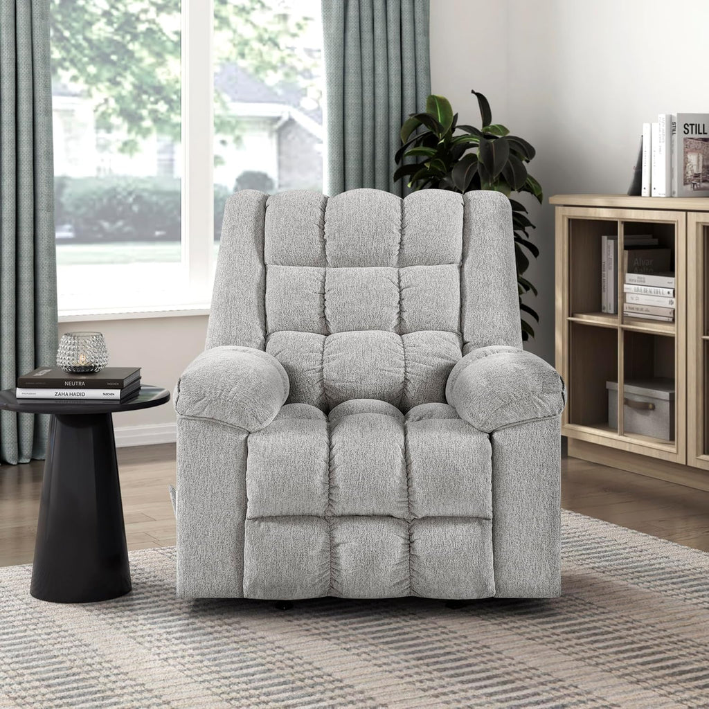 Lexicon Chenille Rocker Reclining Chair for Adults, Rocker Pull Handle Recliner, Nursery Chair for Living Room/Bedroom, High Back, Pillow Top Arms, High Density Foam Cushions, Light Grey