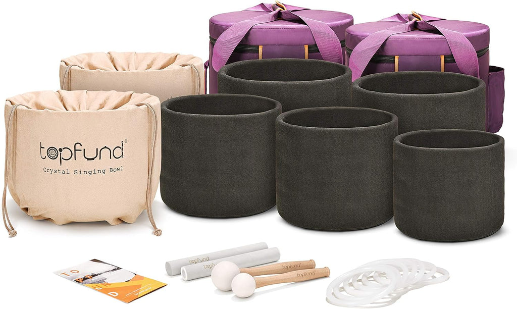 TOPFUND 432 Hz Chakra Set of 7 Color Crystal Singing Bowls 6-10 inch with Heavy Duty Carrying Cases and Singing Bowl Mallets