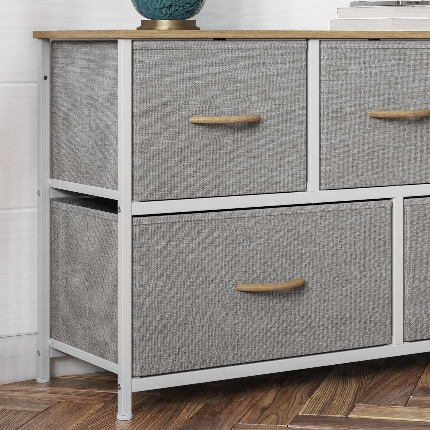 Flash Furniture Harris 5 Drawer Vertical Storage Dresser, Engineered Wood Top and Cast Iron Frame, Easy Pull Non-Woven Fabric Drawers with Wooden Handles, White/Beige