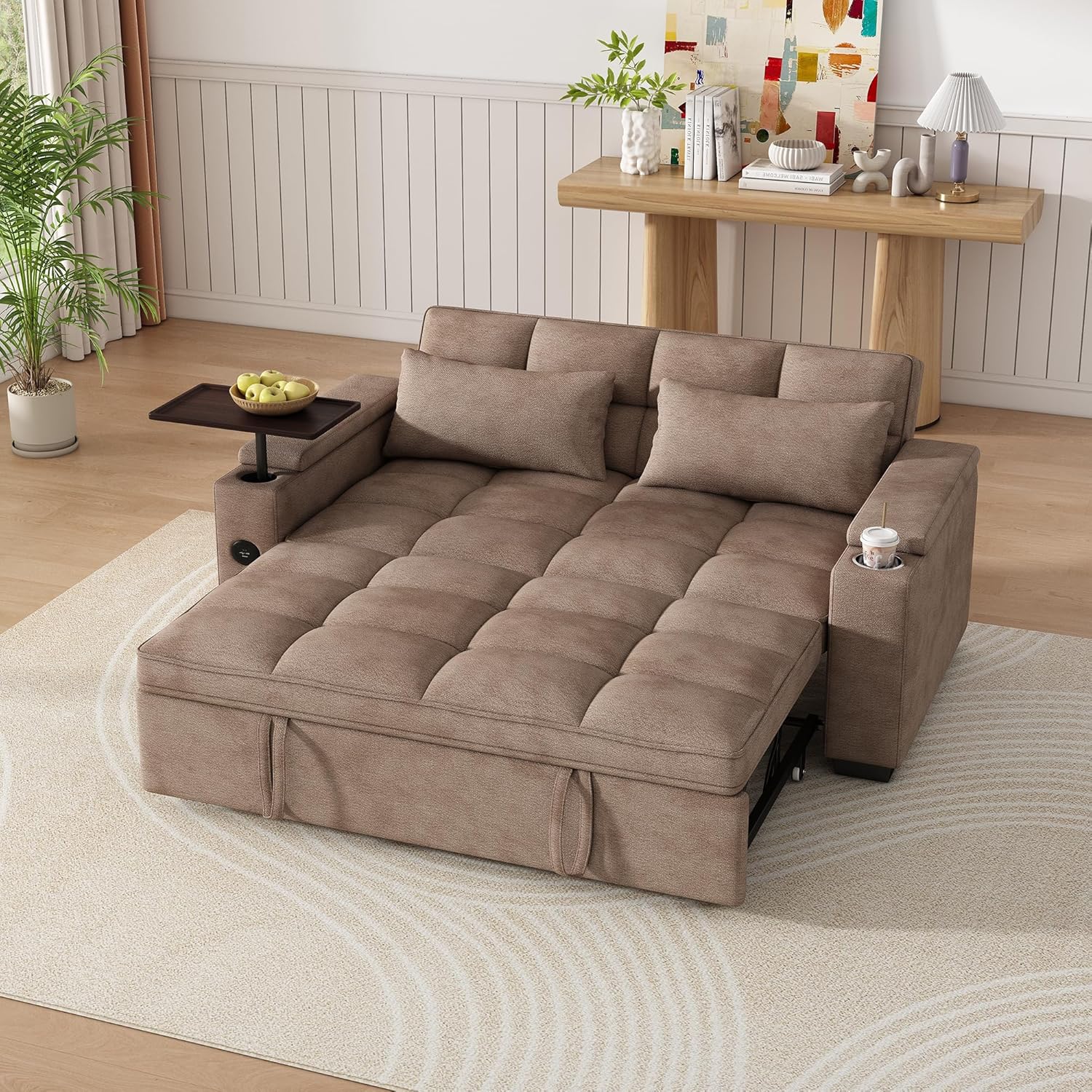 KEIKI 65' 3-in-1 Pull-Out Sofa Bed, Compact Convertible Sleeper Couch with Rotating Side Table, USB Charging Ports, Storage Armrests & Adjustable Comfort for Guests & Small Living Rooms