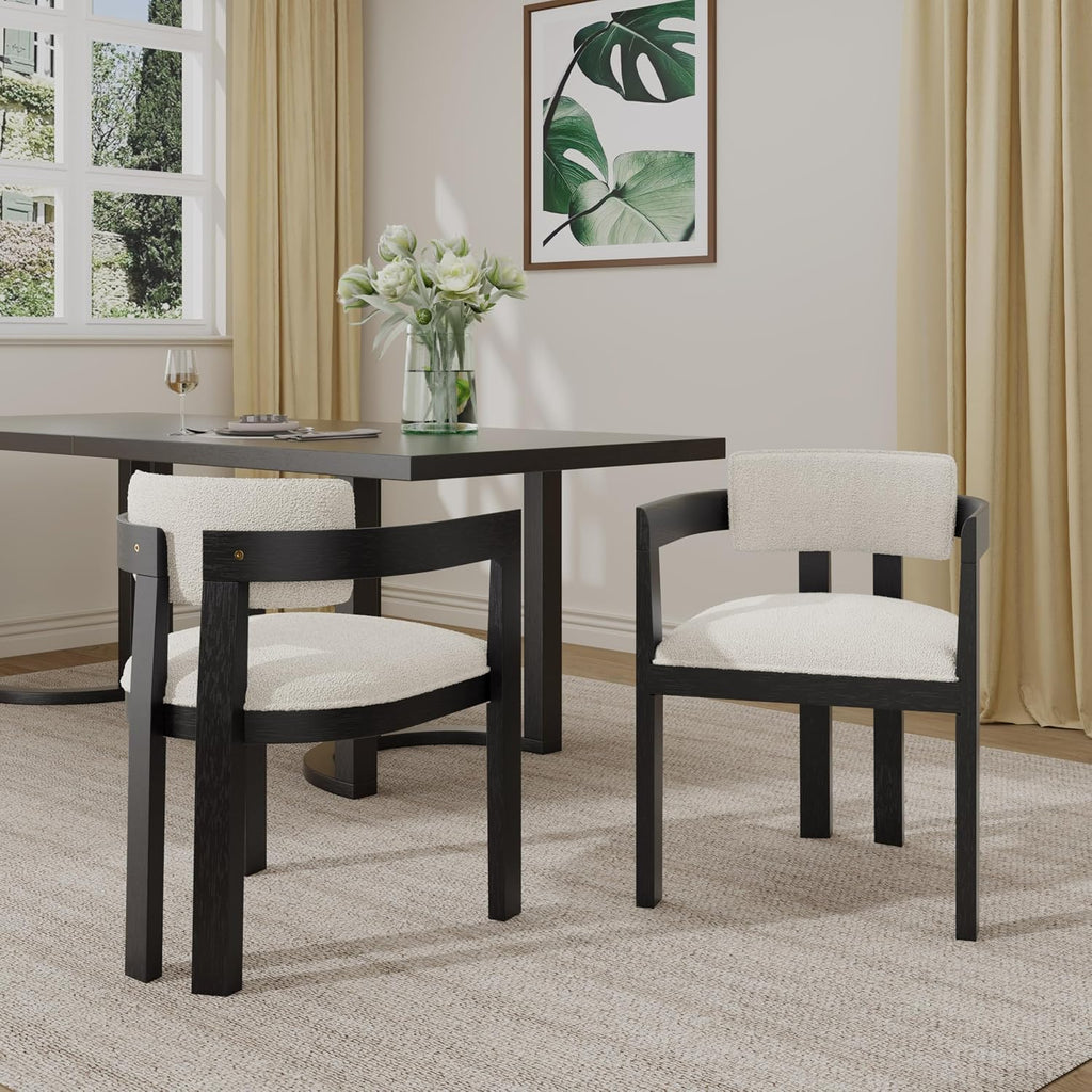Christopher Knight Home Falcon Boucle Fabric Upholstered Dining Chairs Set of 2, Modern Wooden Dining Armchair, Curved Backrest Kitchen Side Chair,Living Room Accent Chair Extra Seat,Black+Milky White