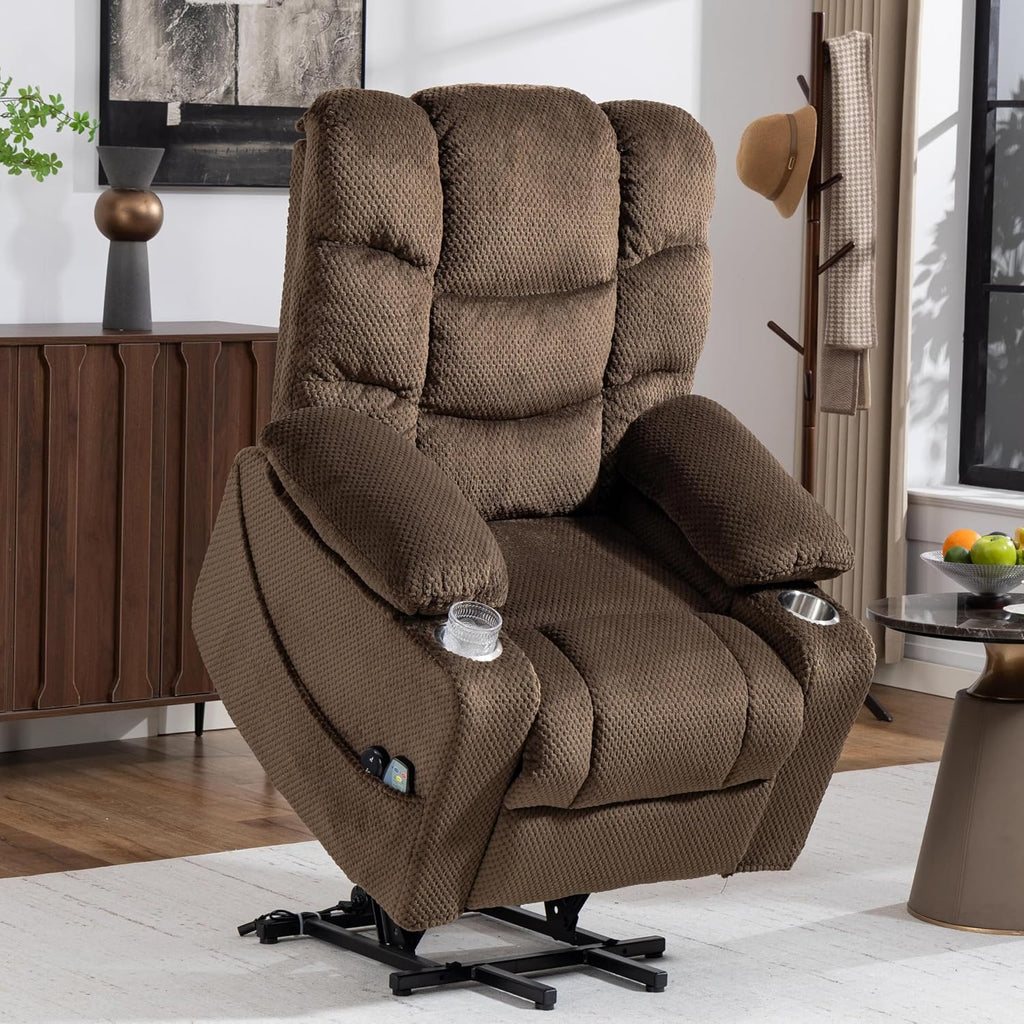 Power Lift Recliner Chair for Elderly, Overstuffed Back Lift Chair with Massage/Heat, Power Recliner Lay Flat 160° Cup Holders for Living Room（Brown）