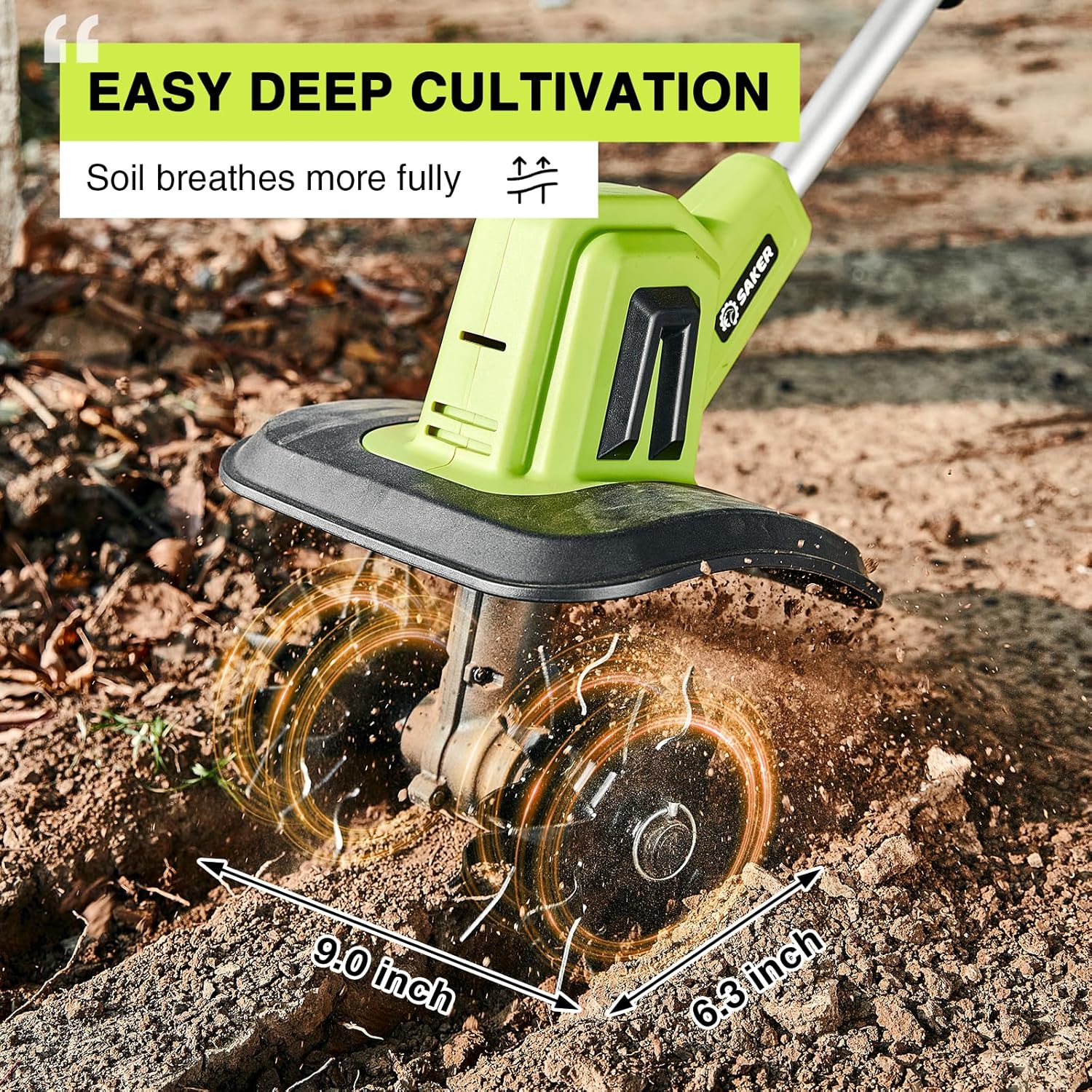 Saker 22V Cordless Electric Garden Tiller Cultivator, Lightweight Rototiller for Gardening, 9-Inch Tilling Width, 6.3-Inch Depth for Soil Preparation, Weeding, and Gardening 2 Batteries SK-TC18B
