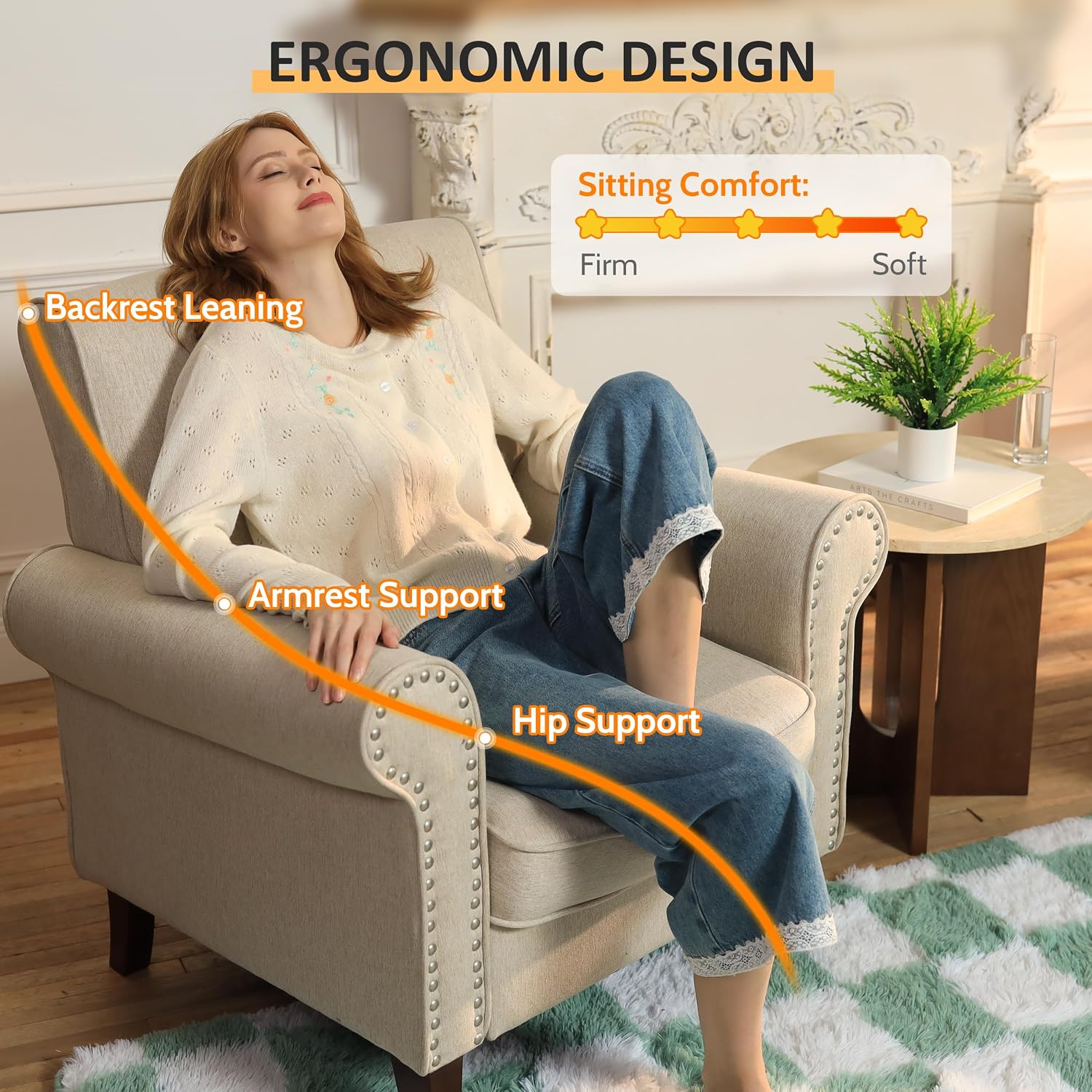 PrimeZone Comfy Accent Chair Set of 2, Mid-Century Modern Fabric Living Room Chair Reading Chair with Soft Cushion, Nailhead Trim & Rolled Armrest, Arm Chair Sofa Chair for Bedroom Waiting Room,Beige