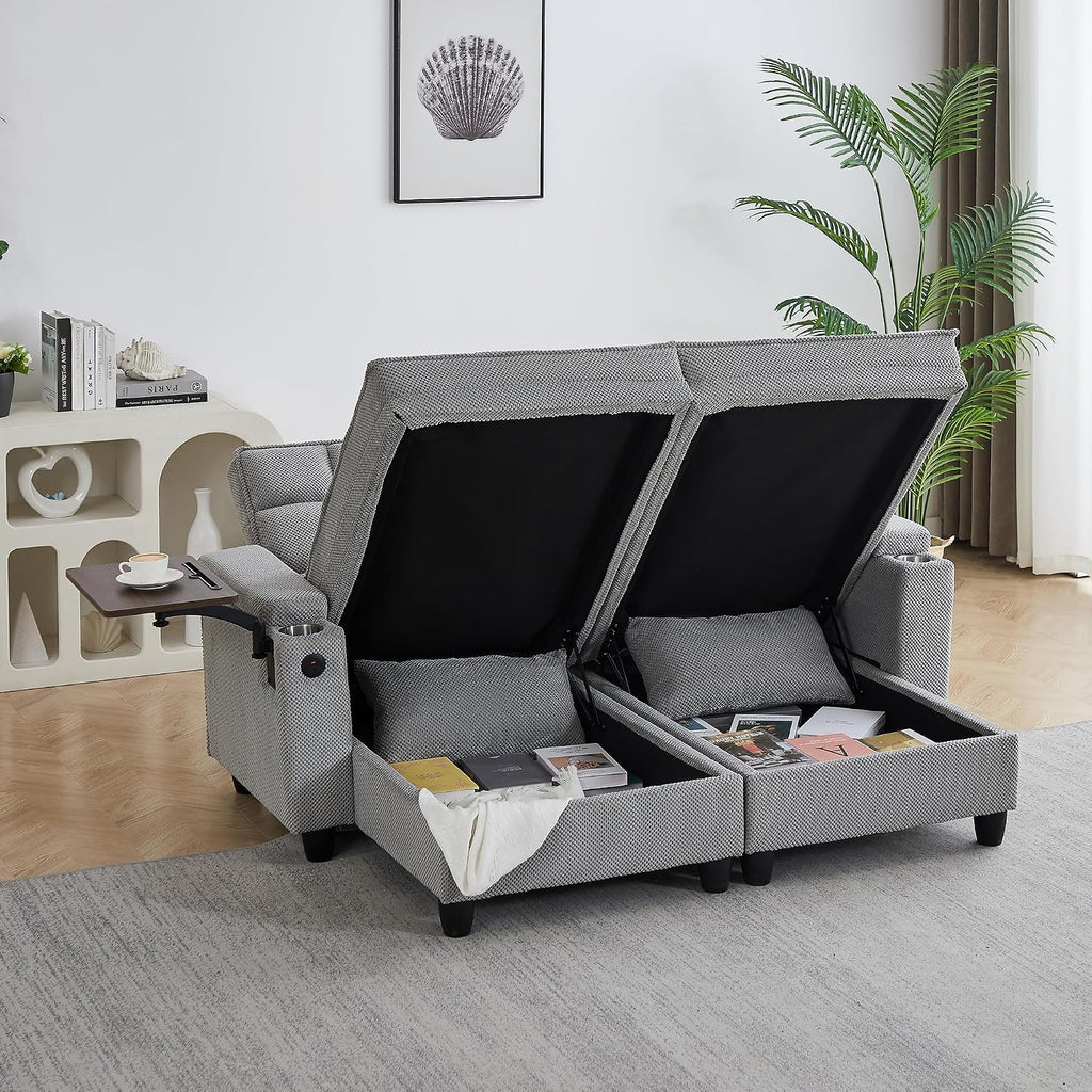 Eafurn Double Chaise Lounge Convertible Sleeper Chair Sofabed W/Storage and 6-Position Reclining Backrest, Modern Tufted Recliner Lounge Chaise Couch with Swivel Table & USB for Living Room