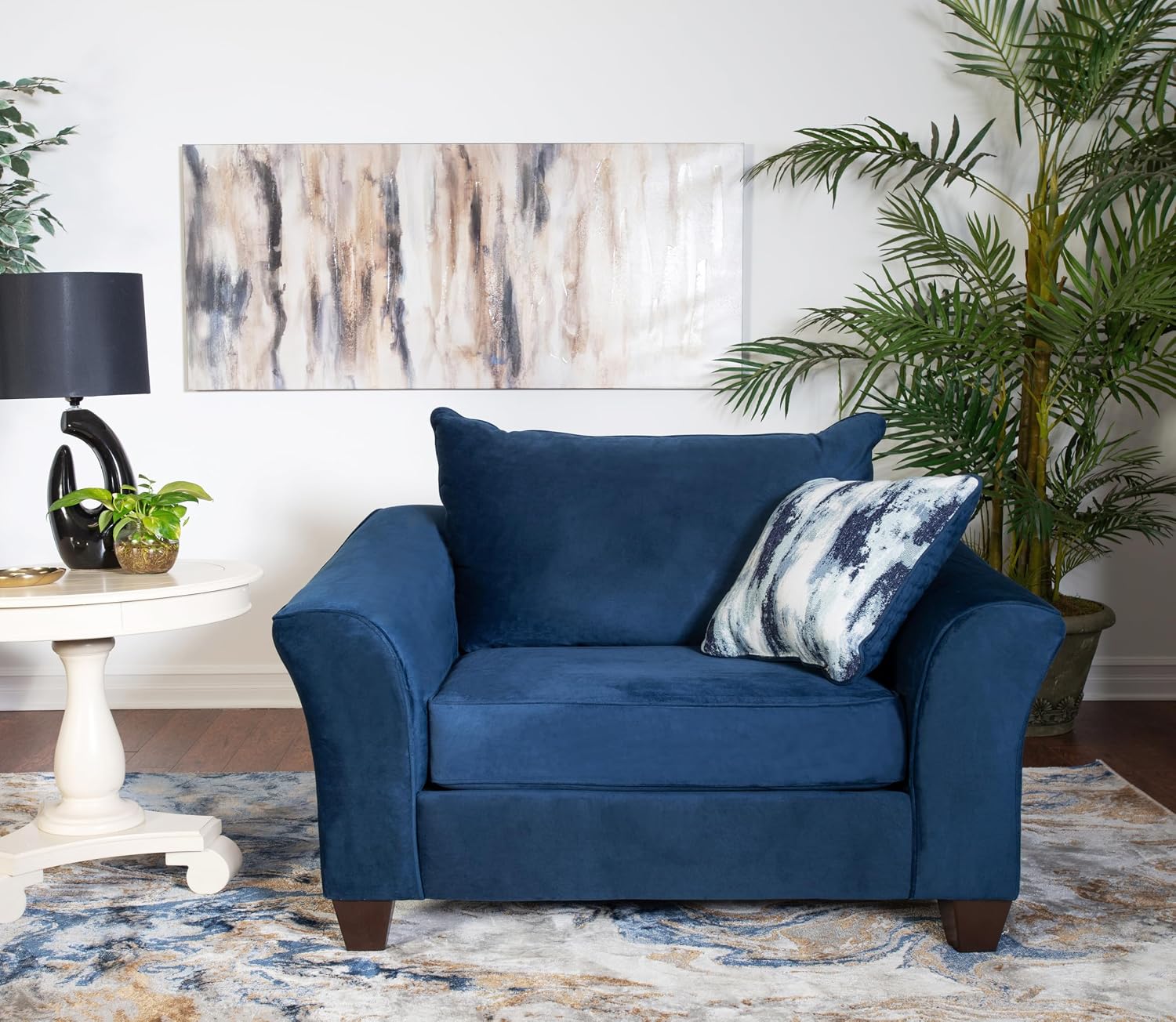 Roundhill Furniture Camero Fabric Pillowback Accent Chair with Ottoman, Navy Blue