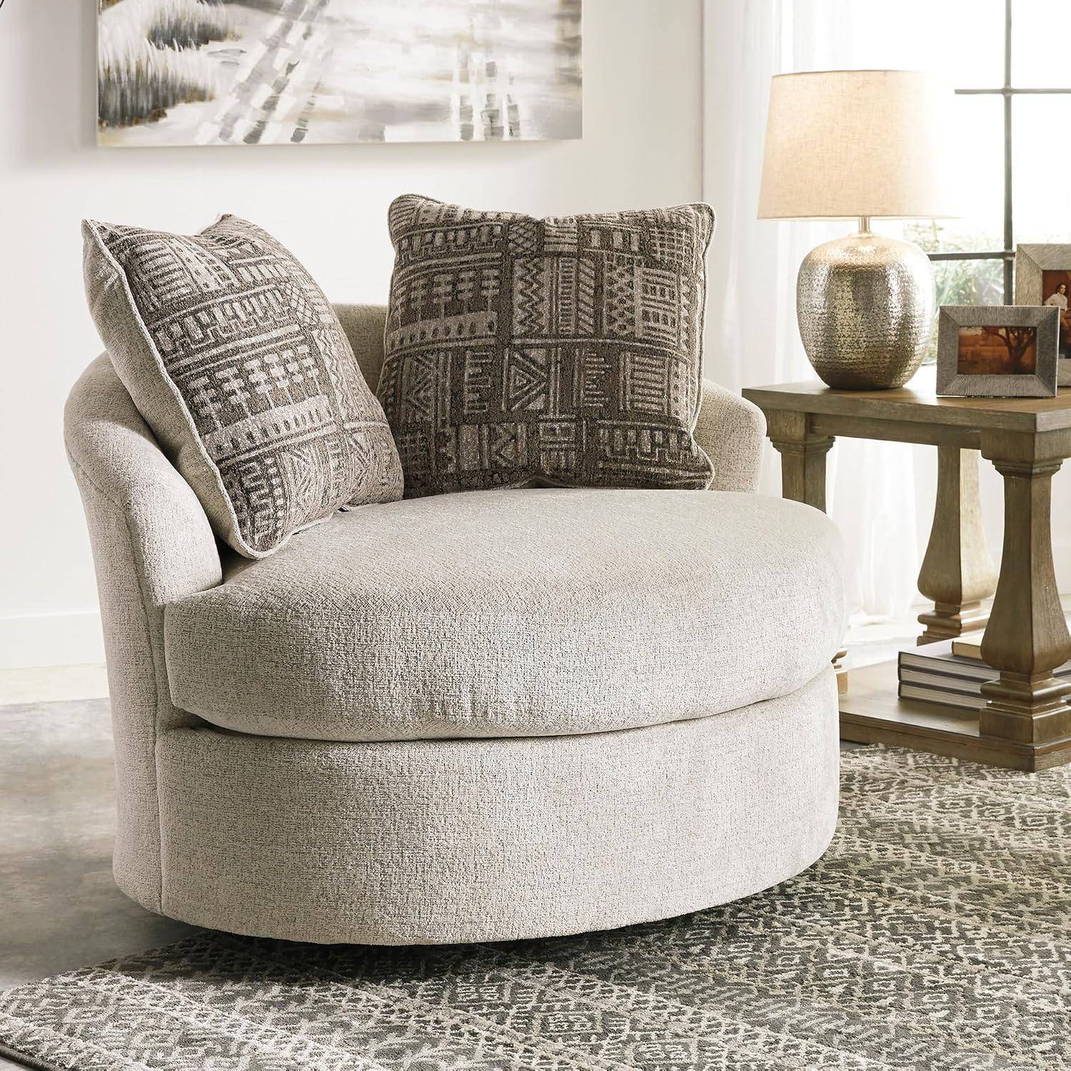 Signature Design by Ashley Soletren Contemporary Chenille 360-Degree Swivel Accent Chair, Off-White