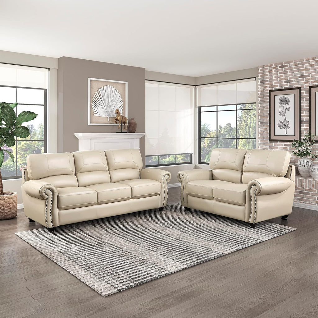 Lexicon Leather Match Sofa Set, Top Grain Leather Match Living Room Furniture Sets, Include Sofa Couch and Loveseat, 2-Piece Set, Cream