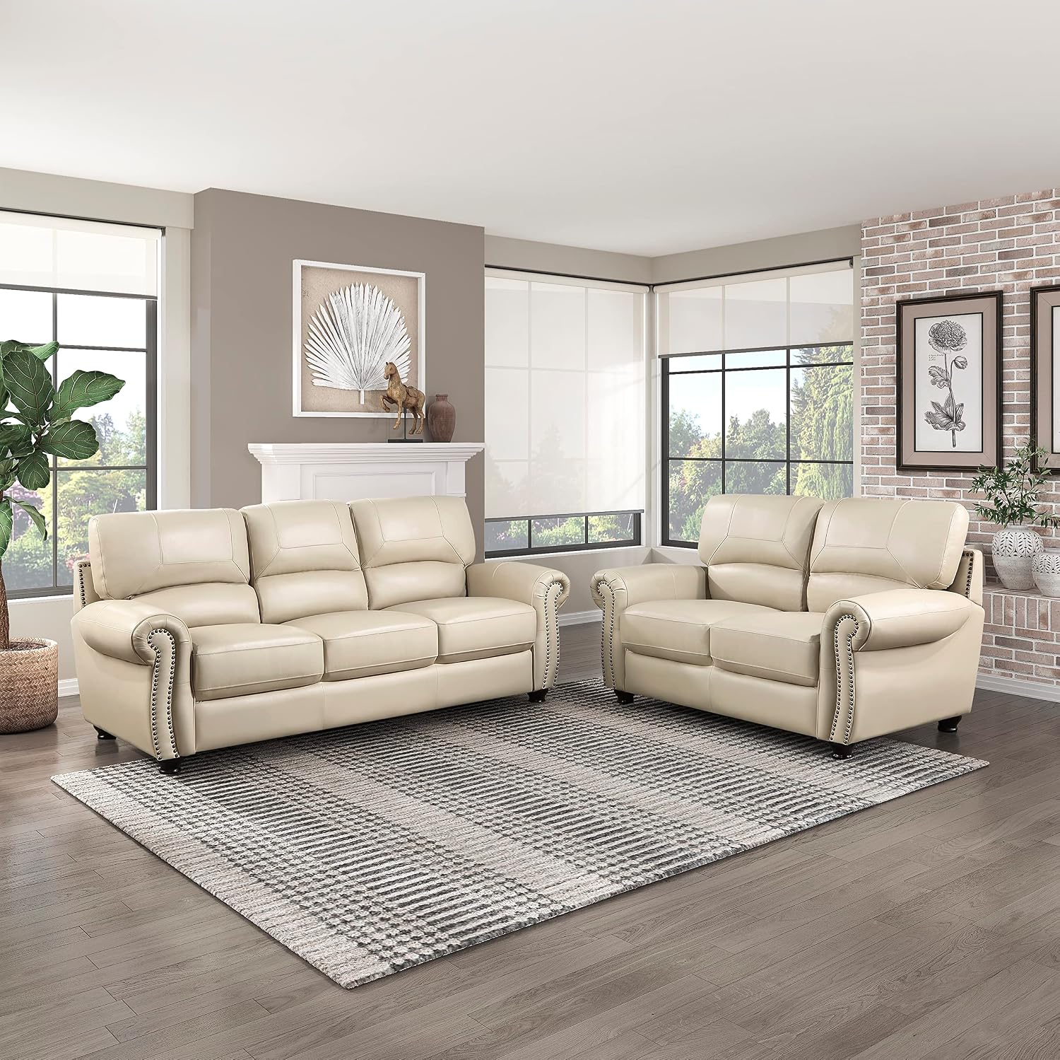 Lexicon Leather Match Sofa Set, Top Grain Leather Match Living Room Furniture Sets, Include Sofa Couch and Loveseat, 2-Piece Set, Cream
