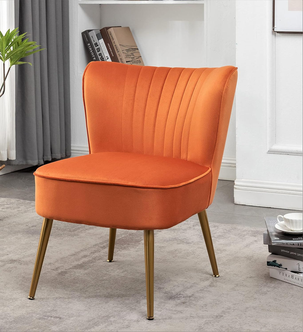 Container Furniture Direct Modern Velvet Accent Chair for Living Room, Bedroom, or Entryway, Stylish and Comfortable Armless Design with Metal Legs, Orange Red