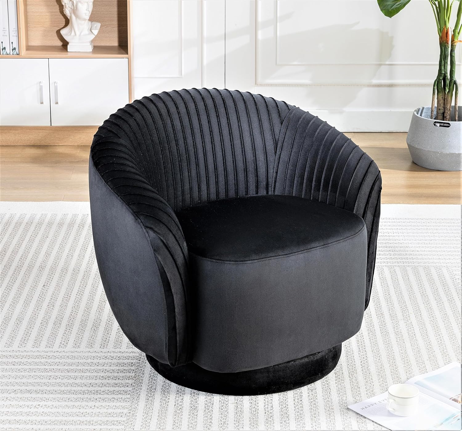 Container Furniture Direct Modern Barrel Swivel Chair with Plush Velvet Upholstery and Smooth 360° Rotation, Round Accent One-Seater Sofa for Living Room, Bedroom, and Office, Black