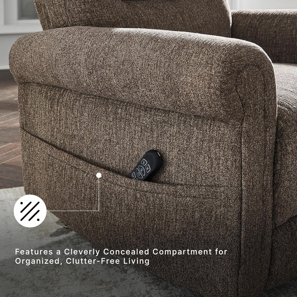 Signature Design by Ashley Aureta Classic Stain Resistant Power Lift Recliner with Side Pocket, Heat and Massage, Dark Brown