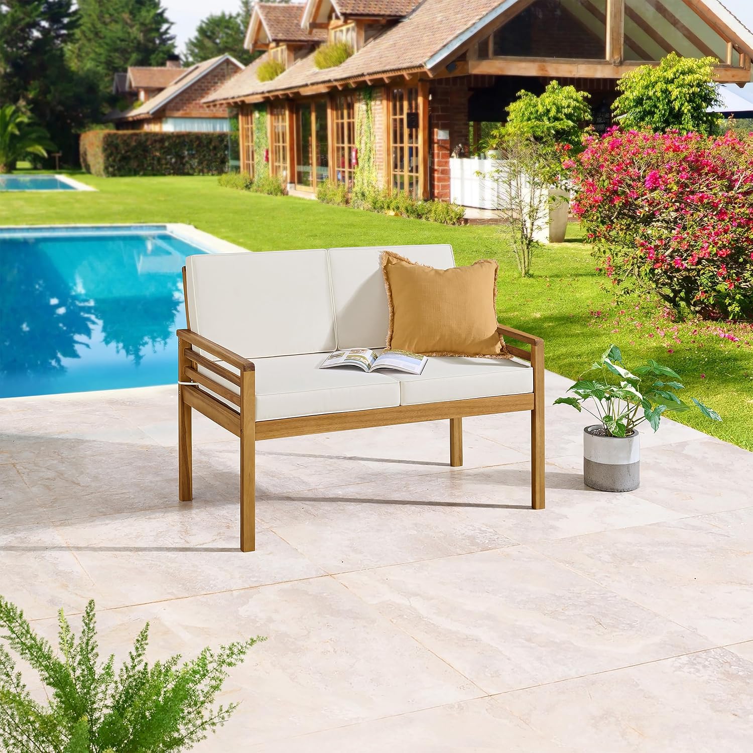 Alaterre Furniture, Okemo Outdoor Couch - Weather-Resistant 2-Person Loveseat with Acacia Wood Frame and Cushions - for Patio, Deck, Pool or Sunroom